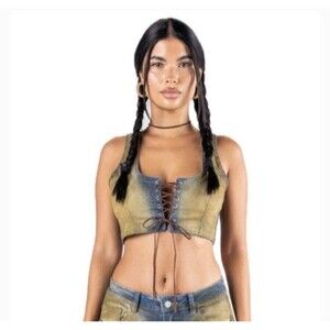 Finesse Front Tie Cropped Denim Vest Y2K Stretch 90s Western Festival Coachella